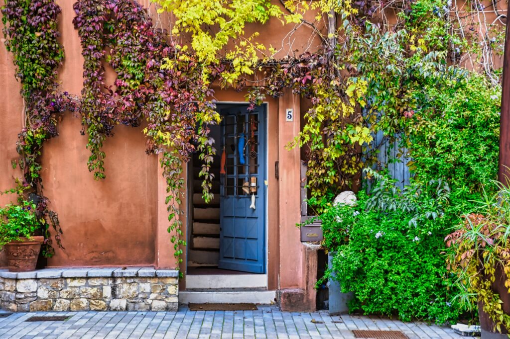 Image of a pink house with a welcomingly opened blue door and colorful ivy.